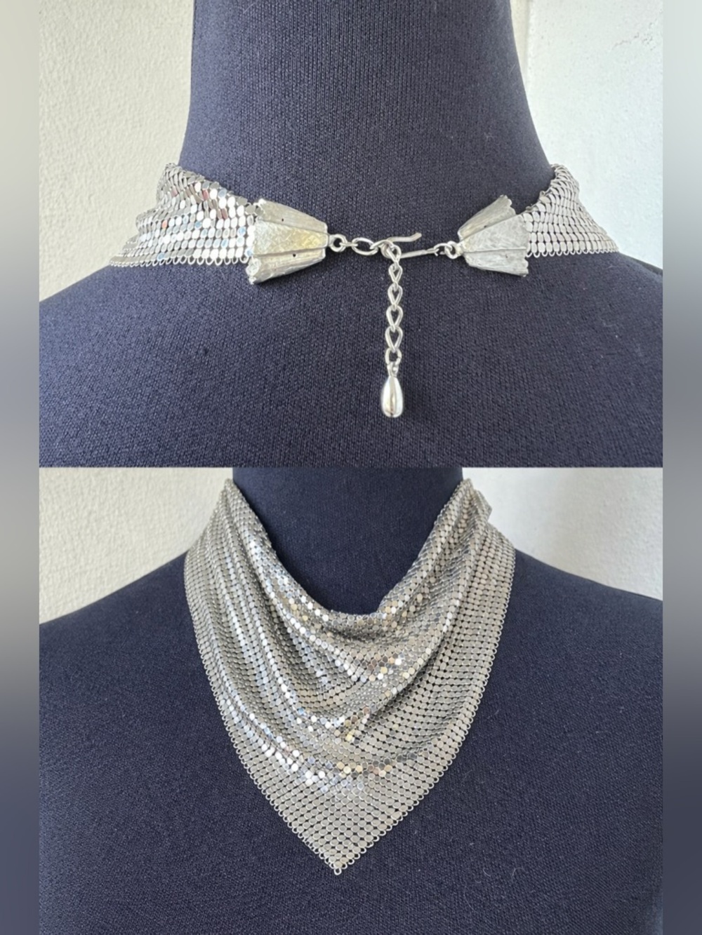 Vintage chainmail mesh bib scarf necklace in silver